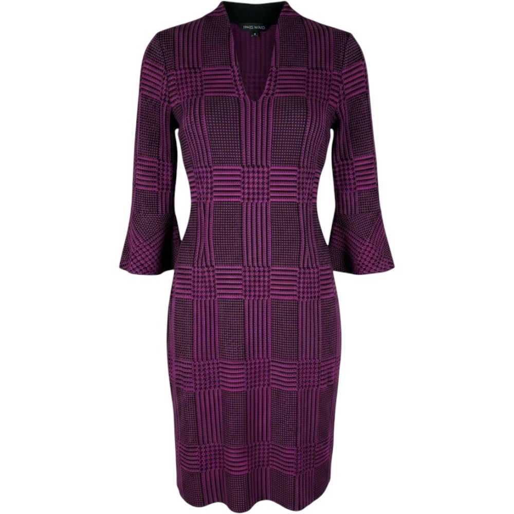 Ming Wang Houndstooth Knit Sheath Dress S Purple Black Bell Sleeve Career Work